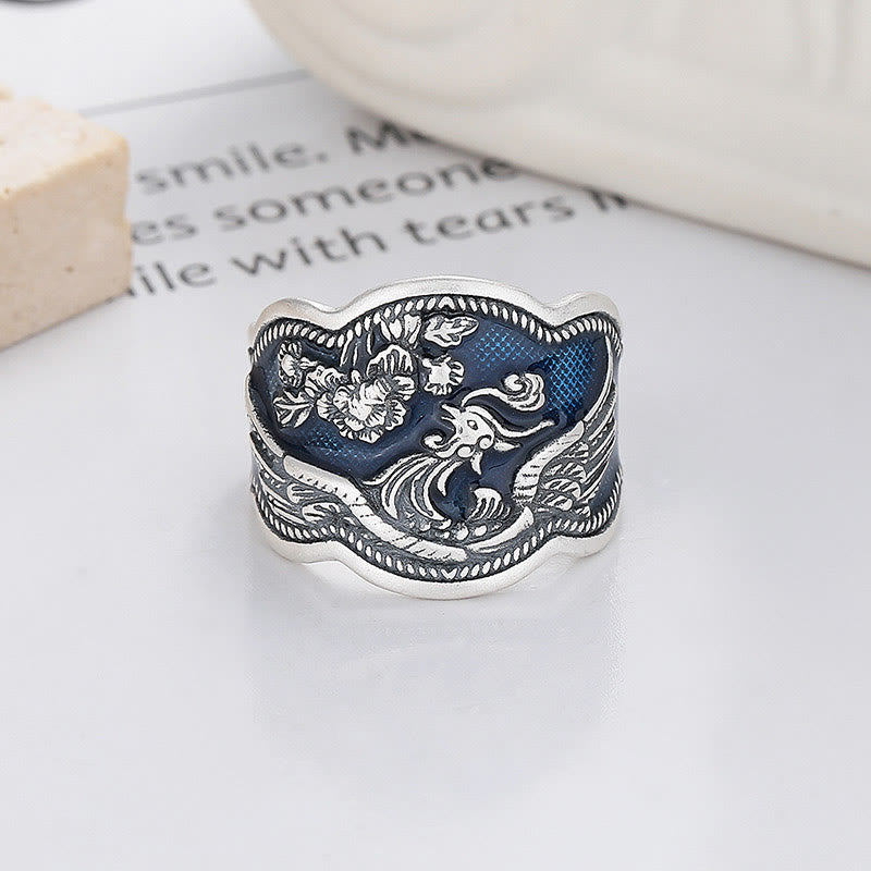 KarmaRipple's 925 Sterling Silver Phoenix Peony Flowers Carved Fortune Adjustable Ring p11