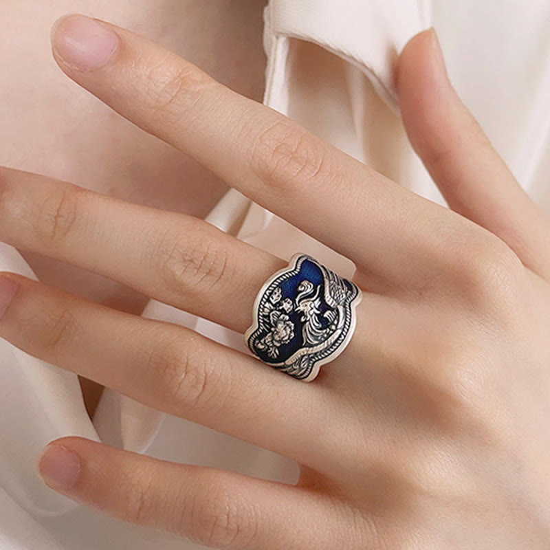 KarmaRipple's 925 Sterling Silver Phoenix Peony Flowers Carved Fortune Adjustable Ring p9