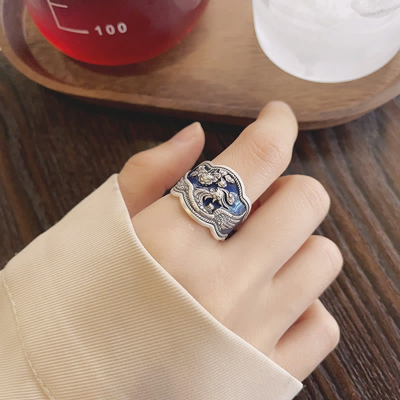 KarmaRipple's 925 Sterling Silver Phoenix Peony Flowers Carved Fortune Adjustable Ring p5