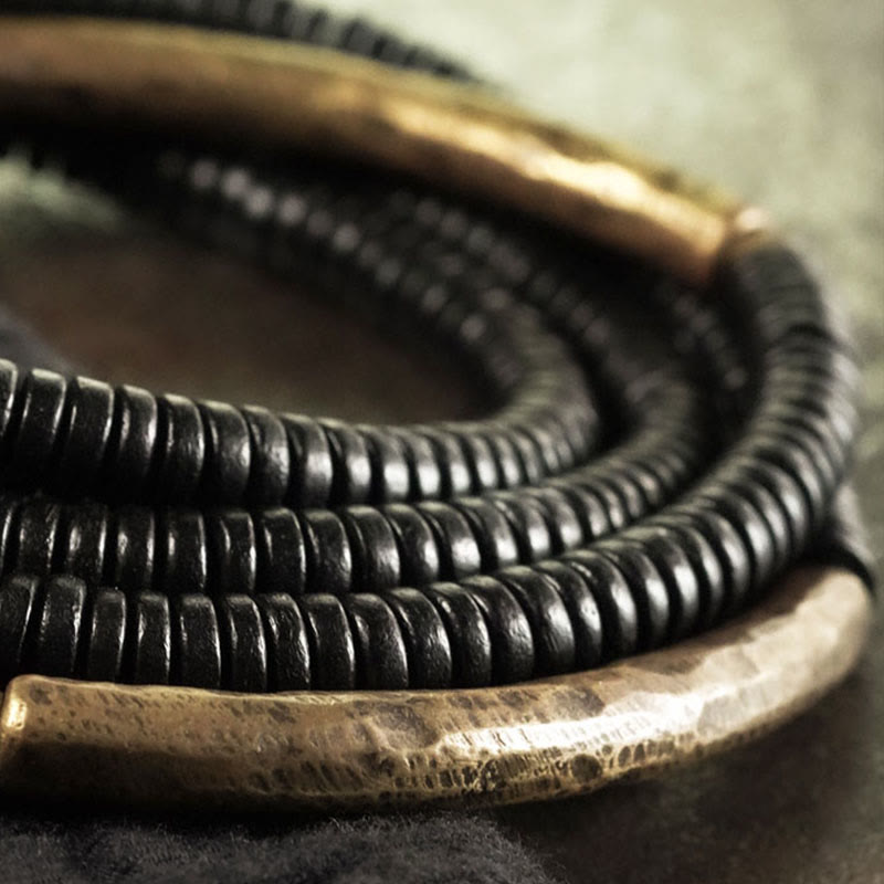 KarmaRipple's Tibetan Ebony Wood Beadwork Bronze Peace Multilayered Bracelet p4