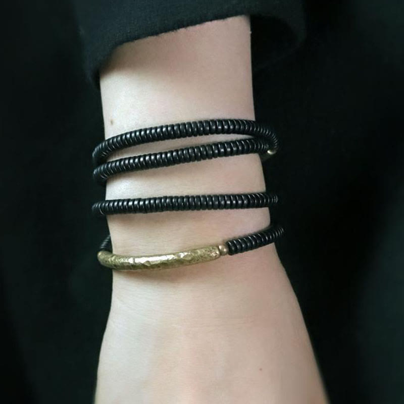 KarmaRipple's Tibetan Ebony Wood Beadwork Bronze Peace Multilayered Bracelet p5