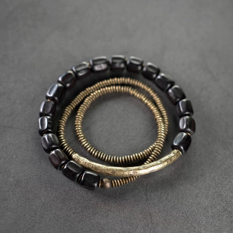 KarmaRipple's Vintage Peace Tibetan Ebony Wood Beadwork Bronze Multilayered Balancing Bracelet p21