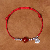 KarmaRipple's Handmade 925 Sterling Silver Fu Character Red Agate Fortune Woven Ultra-Thin Rope Bracelet