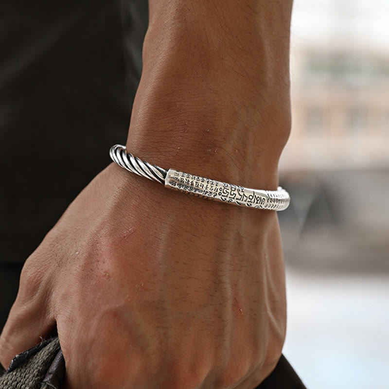 KarmaRipple's 999 Sterling Silver Six True Words Heart Sutra Woven Design Lotus Protection Bracelet Bangle p3