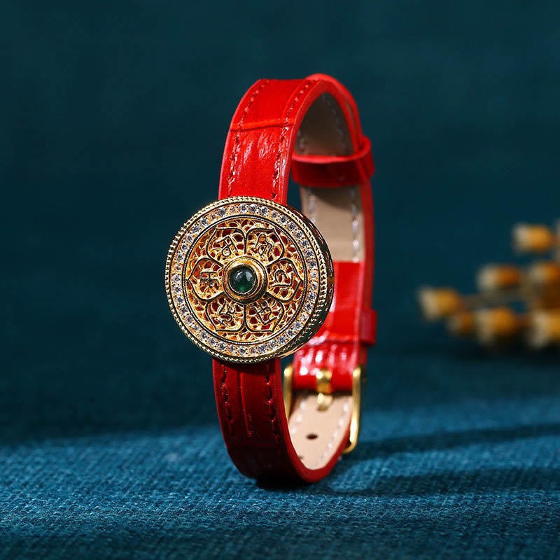 KarmaRipple's Six True Words Eight Treasures Compass Jade 24K Gold Plated Fortune Leather Bracelet p1