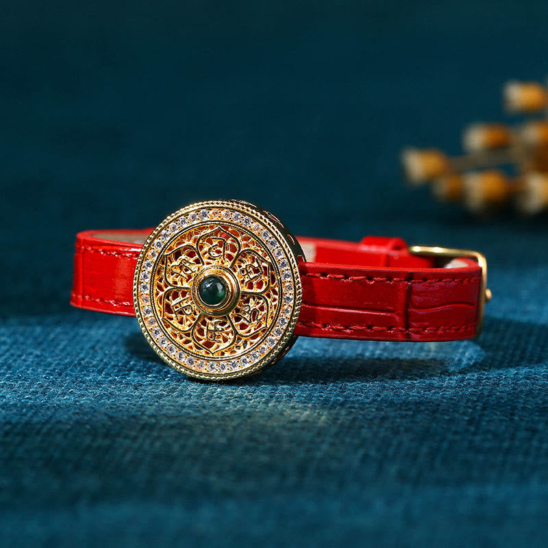 KarmaRipple's Six True Words Eight Treasures Compass Jade 24K Gold Plated Fortune Leather Bracelet p2