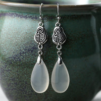 KarmaRipple's 925 Sterling Silver Posts Authentic Chalcedony Fu Character Positive Balance Earrings