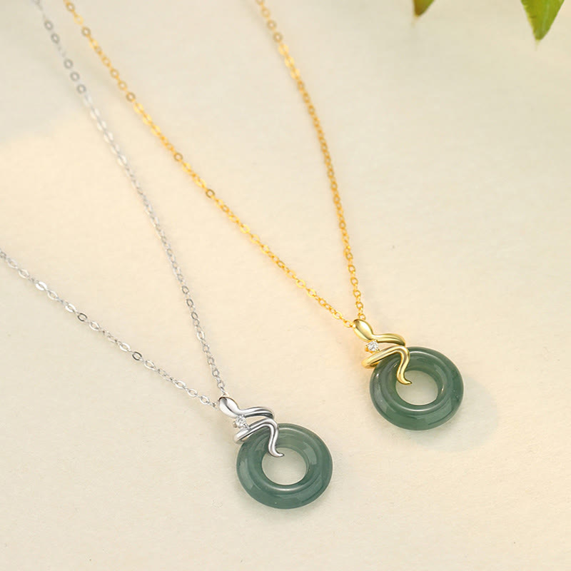 KarmaRipple's 925 Sterling Silver 18K Gold Jade Peace Buckle Spirit Snake Peace Pendant Necklace p6