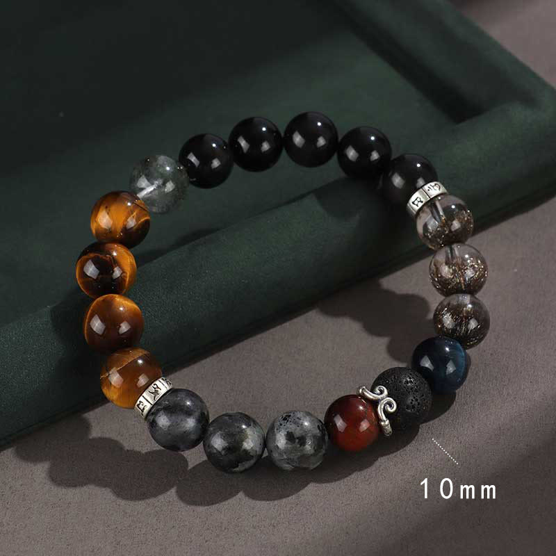 KarmaRipple's 925 Sterling Silver Black Onyx Gold Sheen Obsidian Lava Rock Tiger Eye Six True Words Wealth Protection Bracelet p18