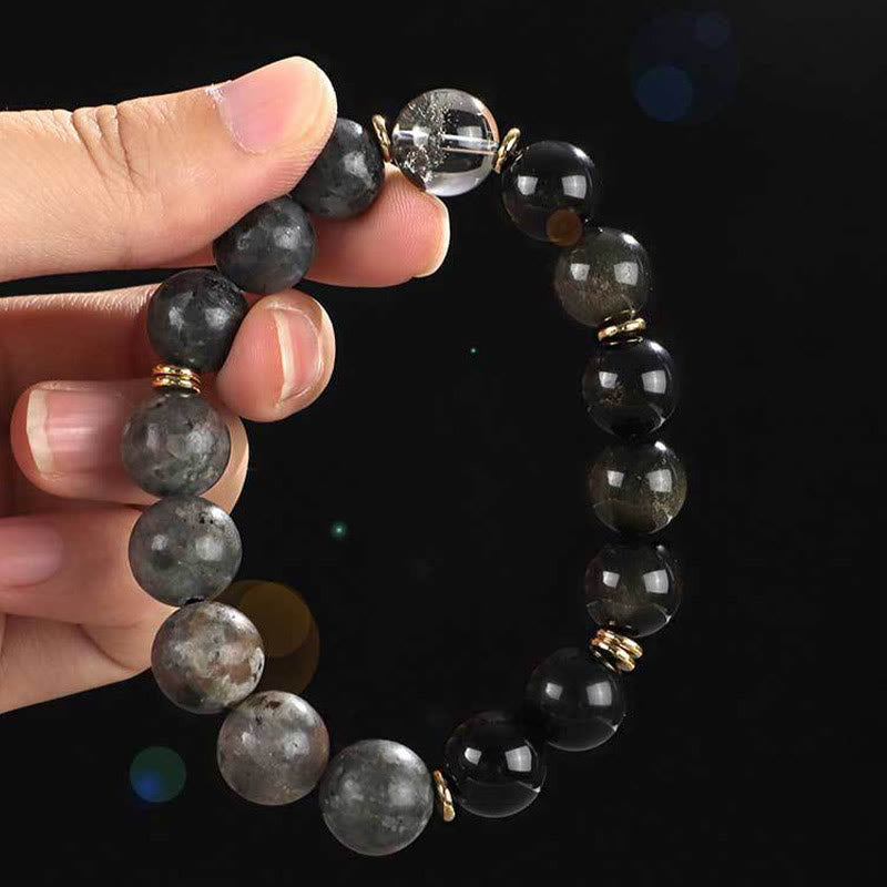 KarmaRipple's 925 Sterling Silver Black Onyx Gold Sheen Obsidian Lava Rock Tiger Eye Six True Words Wealth Protection Bracelet p7