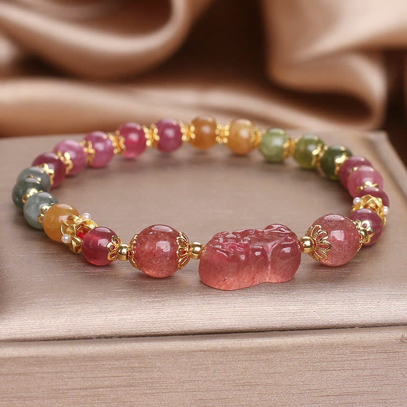 KarmaRipple's Tourmaline Strawberry Quartz Pink Gemstone PIXIU Love Bracelet p12
