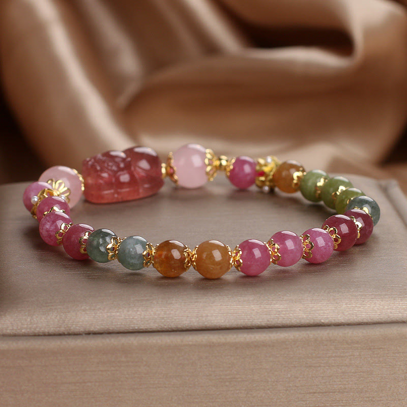 KarmaRipple's Tourmaline Strawberry Quartz Pink Gemstone PIXIU Love Bracelet p17