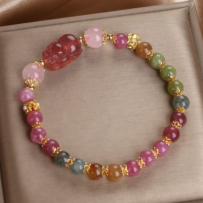 KarmaRipple's Tourmaline Strawberry Quartz Pink Gemstone PIXIU Love Bracelet p15