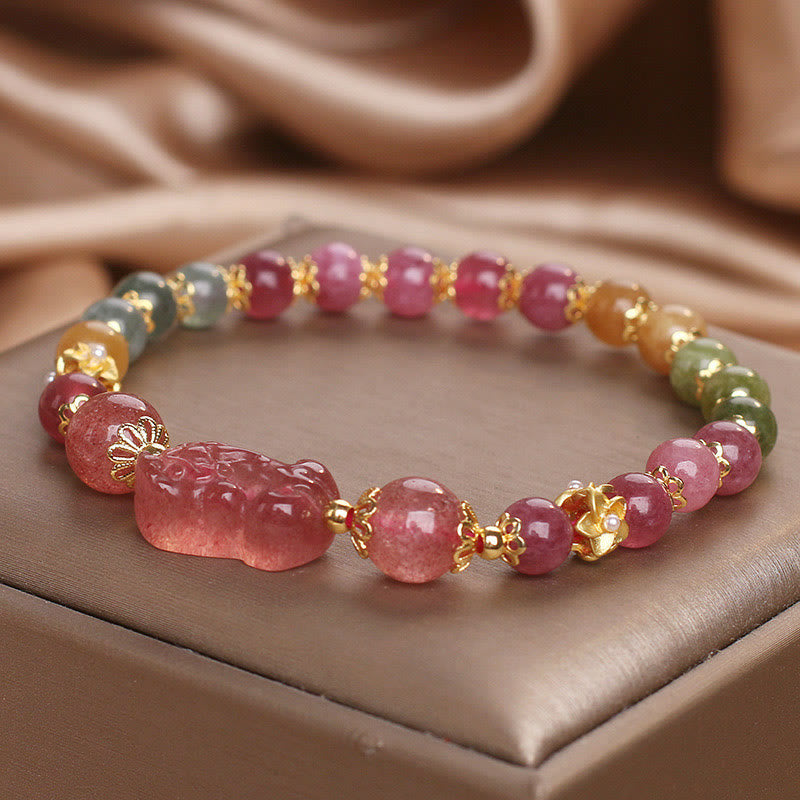 KarmaRipple's Tourmaline Strawberry Quartz Pink Gemstone PIXIU Love Bracelet p9