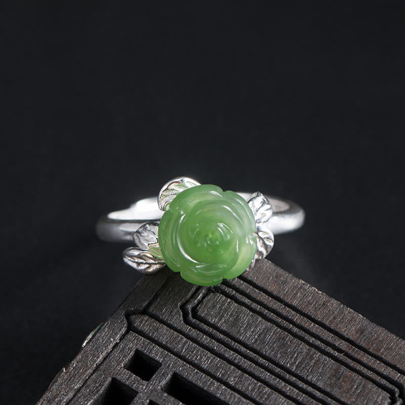 KarmaRipple's 925 Sterling Silver Jade Green Rose Fortune Adjustable Ring p1