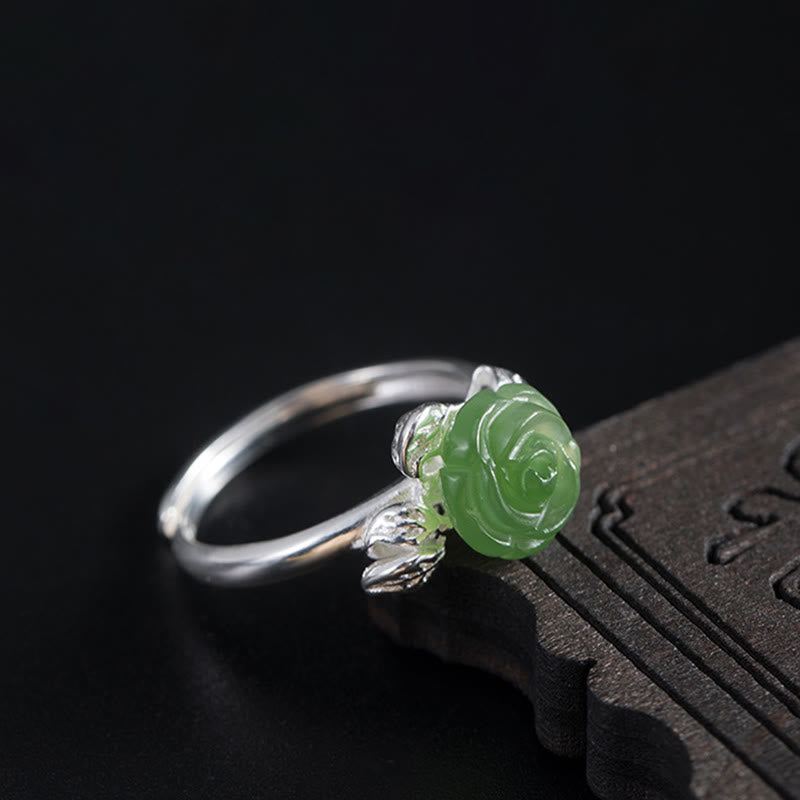 KarmaRipple's 925 Sterling Silver Jade Green Rose Fortune Adjustable Ring p10