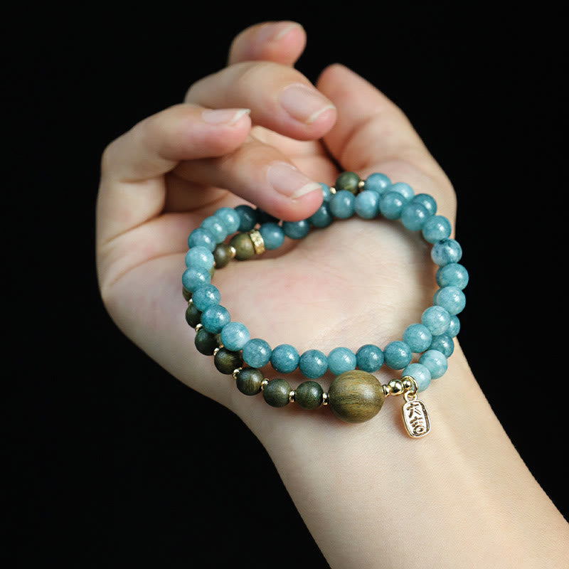 KarmaRipple's Blue Chalcedony Green Sandalwood Small Leaf Red Sandalwood Double Wrap Emotional Balance Bracelet p7