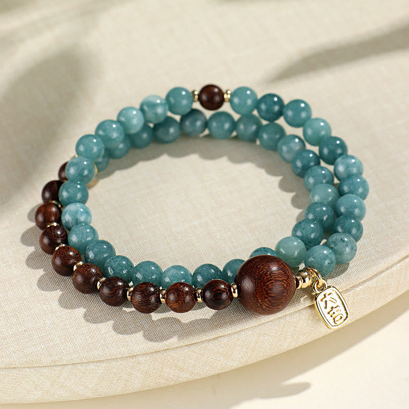 KarmaRipple's Blue Chalcedony Green Sandalwood Small Leaf Red Sandalwood Double Wrap Emotional Balance Bracelet p13