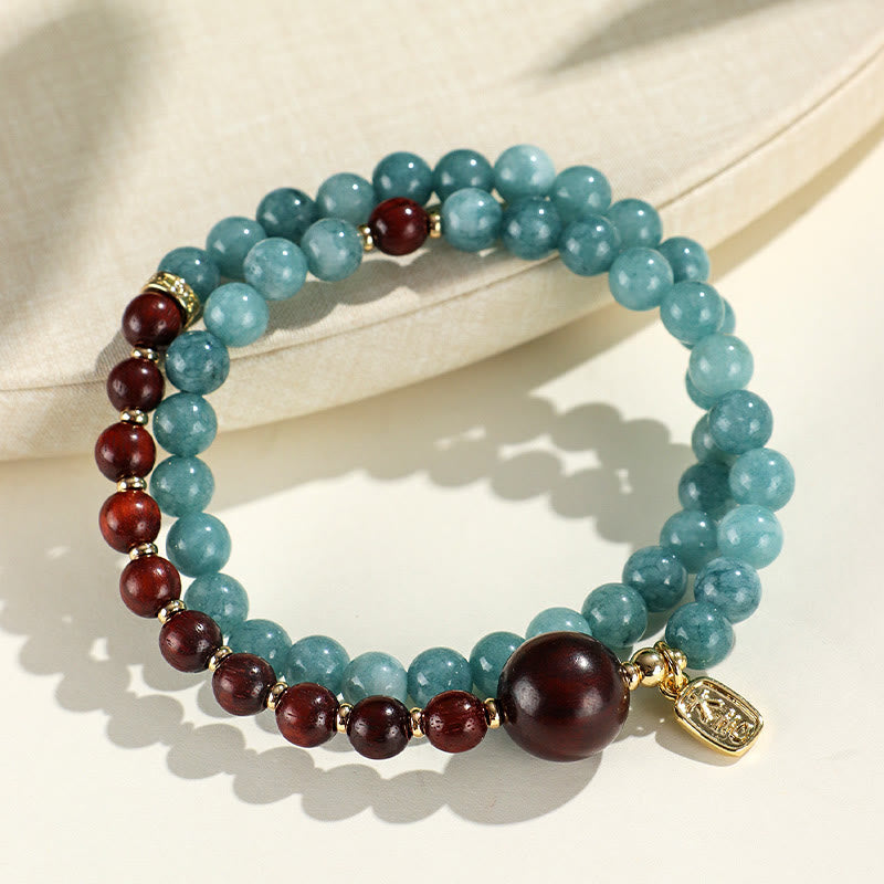 KarmaRipple's Blue Chalcedony Green Sandalwood Small Leaf Red Sandalwood Double Wrap Emotional Balance Bracelet p2