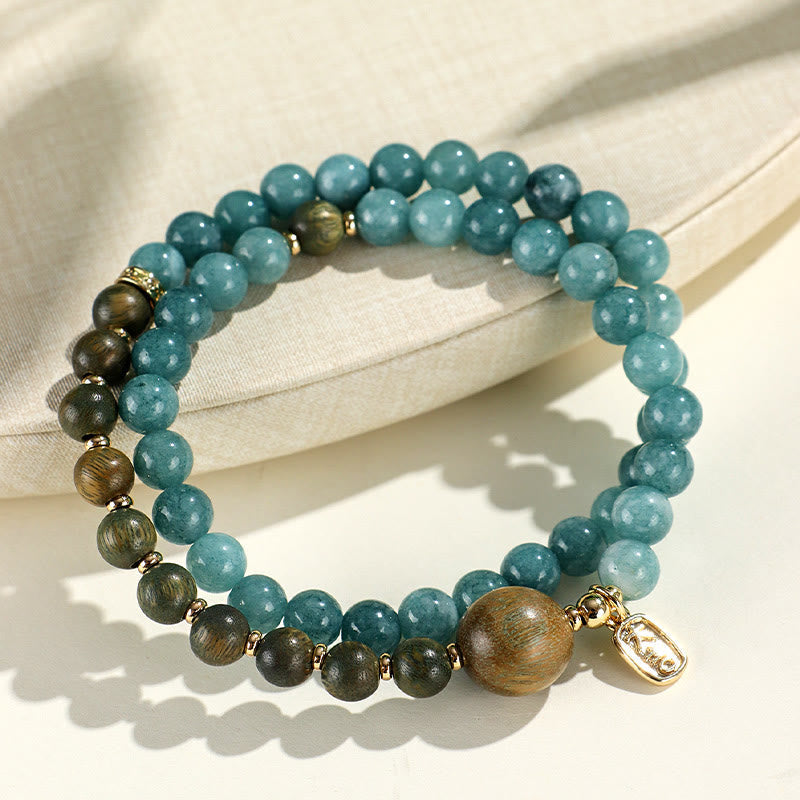 KarmaRipple's Blue Chalcedony Green Sandalwood Small Leaf Red Sandalwood Double Wrap Emotional Balance Bracelet p17