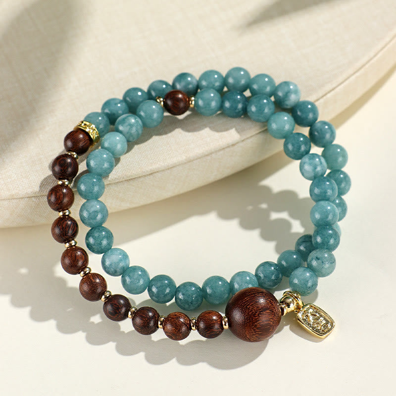 KarmaRipple's Blue Chalcedony Green Sandalwood Small Leaf Red Sandalwood Double Wrap Emotional Balance Bracelet p19