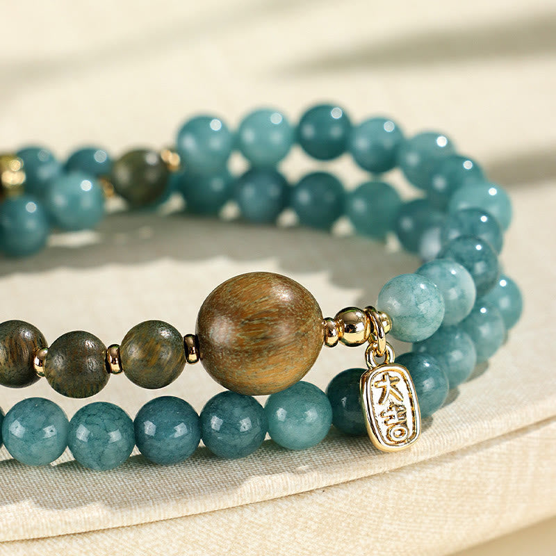KarmaRipple's Blue Chalcedony Green Sandalwood Small Leaf Red Sandalwood Double Wrap Emotional Balance Bracelet p6