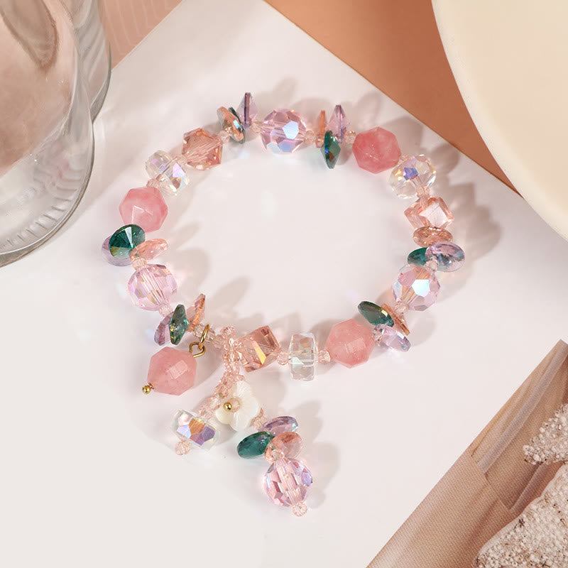 KarmaRipple's Pink Gemstone Green Gemstone Ivory Gemstone Flower Warmth Bracelet p16