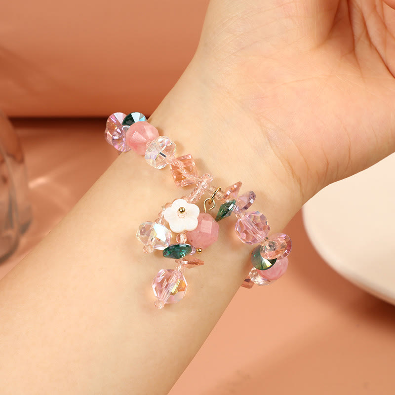 KarmaRipple's Pink Gemstone Green Gemstone Ivory Gemstone Flower Warmth Bracelet p20