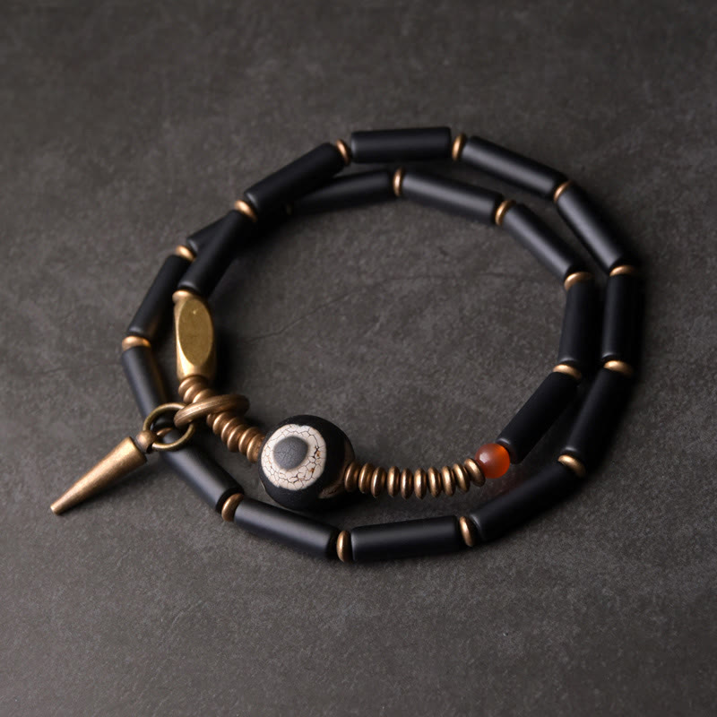 KarmaRipple's Black Onyx Bronze Dzi Bead Cone Necklace Double Wrap Protection Bracelet p15