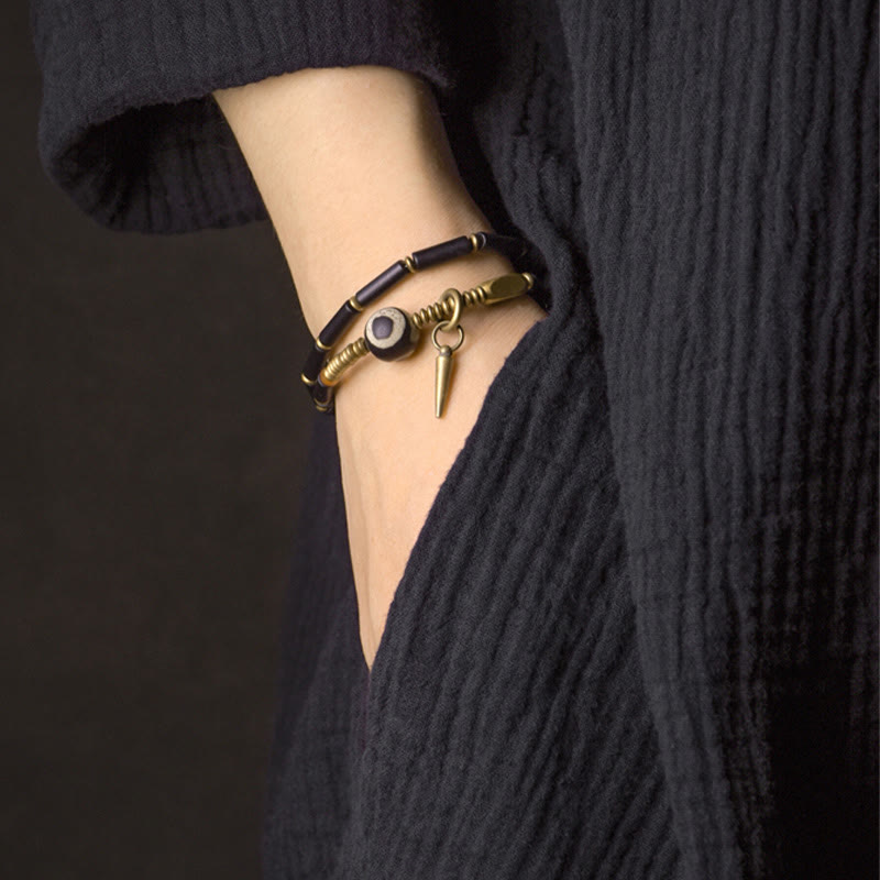 KarmaRipple's Black Onyx Bronze Dzi Bead Cone Necklace Double Wrap Protection Bracelet p5