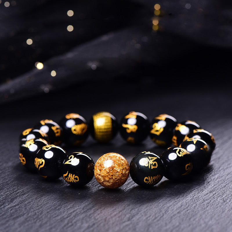 KarmaRipple's Six True Words Om Mani Padme Hum Rainbow Obsidian Gold Foil Creativity Bracelet p14