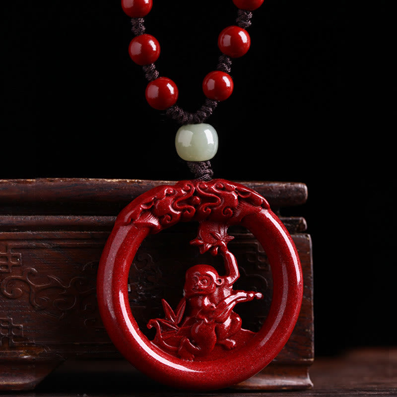 KarmaRipple's Chinese Zodiac Cinnabar Hetian Jade Peace Buckle Calm Pendant Necklace p54