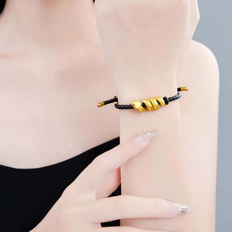 KarmaRipple's 999 Gold Snake Double Buckle Leather Cord Black Rope Year Of The Snake Protection Bracelet p5