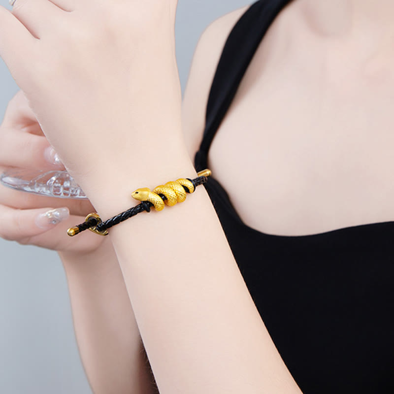 KarmaRipple's 999 Gold Snake Double Buckle Leather Cord Black Rope Year Of The Snake Protection Bracelet p6