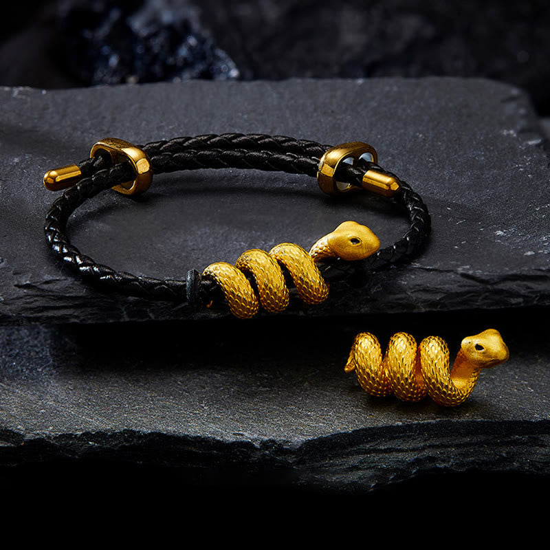 KarmaRipple's 999 Gold Snake Double Buckle Leather Cord Black Rope Year Of The Snake Protection Bracelet p8