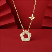 KarmaRipple's 925 Sterling Silver Butterfly Hetian Jade Flower Blessing Pendant Necklace