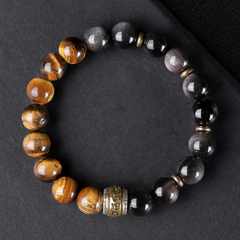 KarmaRipple's Authentic Silver Sheen Obsidian Tiger's Eye Six True Words 'Om Mani Padme Hum' Strength Bracelet p3
