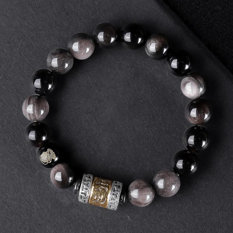 KarmaRipple's Authentic Silver Sheen Obsidian Tiger's Eye Six True Words 'Om Mani Padme Hum' Strength Bracelet p6