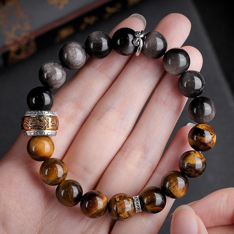 KarmaRipple's Authentic Silver Sheen Obsidian Tiger's Eye Six True Words 'Om Mani Padme Hum' Strength Bracelet p13