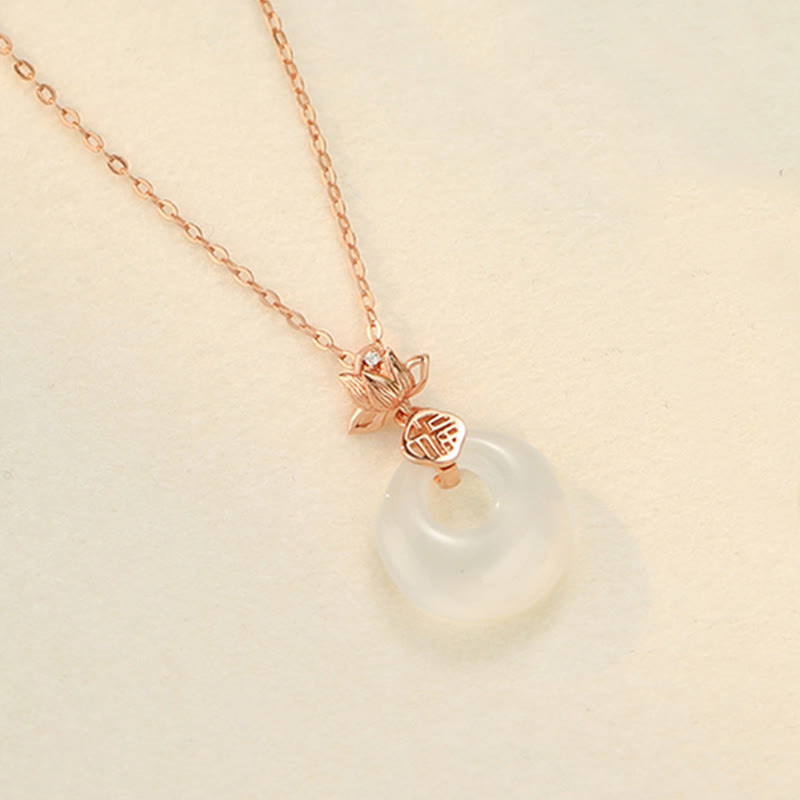 KarmaRipple's Chalcedony 925 Sterling Silver Lotus Flower Fu Character Peace Buckle Positive Pendant Necklace p13