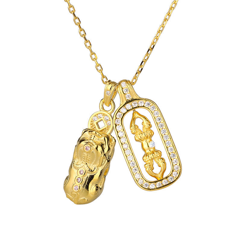 KarmaRipple's 999 Sterling Silver Golden Pixiu Bronze Coin Vajra Wealth Pendant Necklace p11