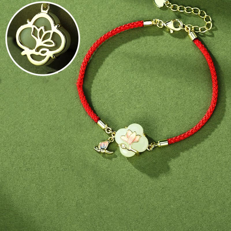 KarmaRipple's 925 Sterling Silver Hetian Jade Magnolia Flower Butterfly Fortune Chain Bracelet p3