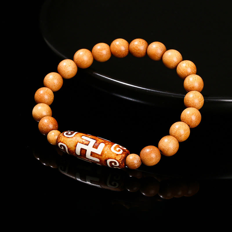 KarmaRipple's Tibetan Nine-eye Dzi Bead Authentic Sandalwood Ivory Cat's Eye Agate Power Protection Bracelet p25