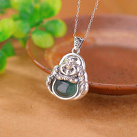 KarmaRipple's 999 Sterling Silver Laughing Buddha Cyan Jade Lotus Success Pendant Chain Necklace