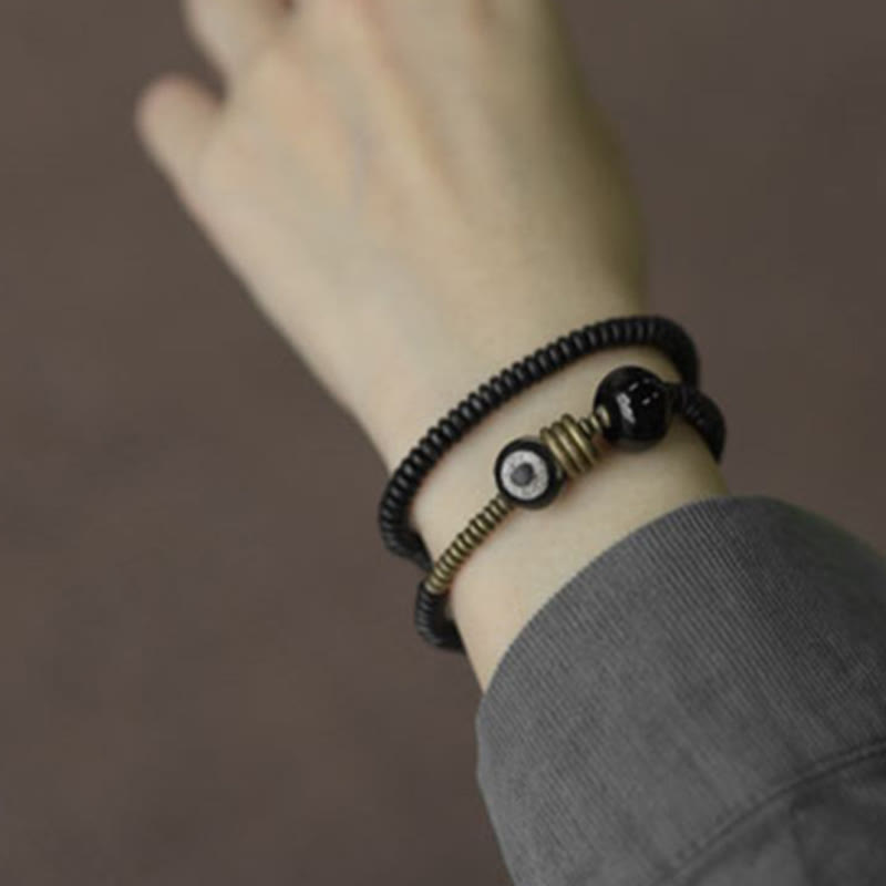KarmaRipple's Ebony Wood Green Sandalwood Bronze Brass Dzi Bead Black Onyx Calm Double Wrap Bracelet p5