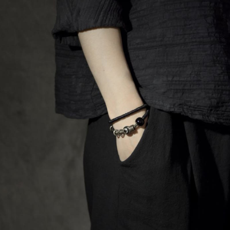 KarmaRipple's Ebony Wood Green Sandalwood Bronze Brass Dzi Bead Black Onyx Calm Double Wrap Bracelet p12