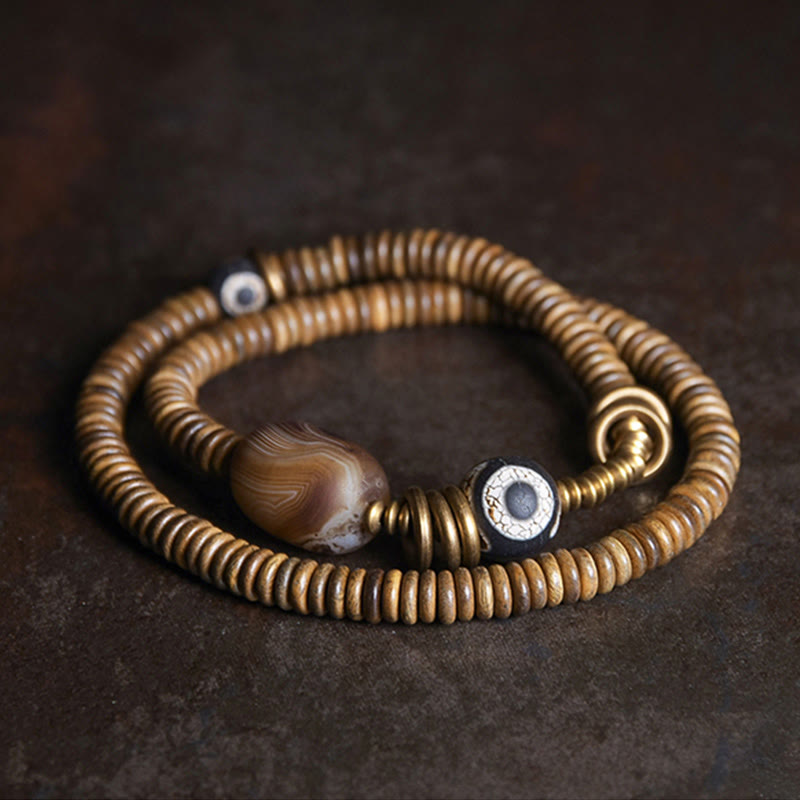 KarmaRipple's Ebony Wood Green Sandalwood Bronze Brass Dzi Bead Black Onyx Calm Double Wrap Bracelet p33