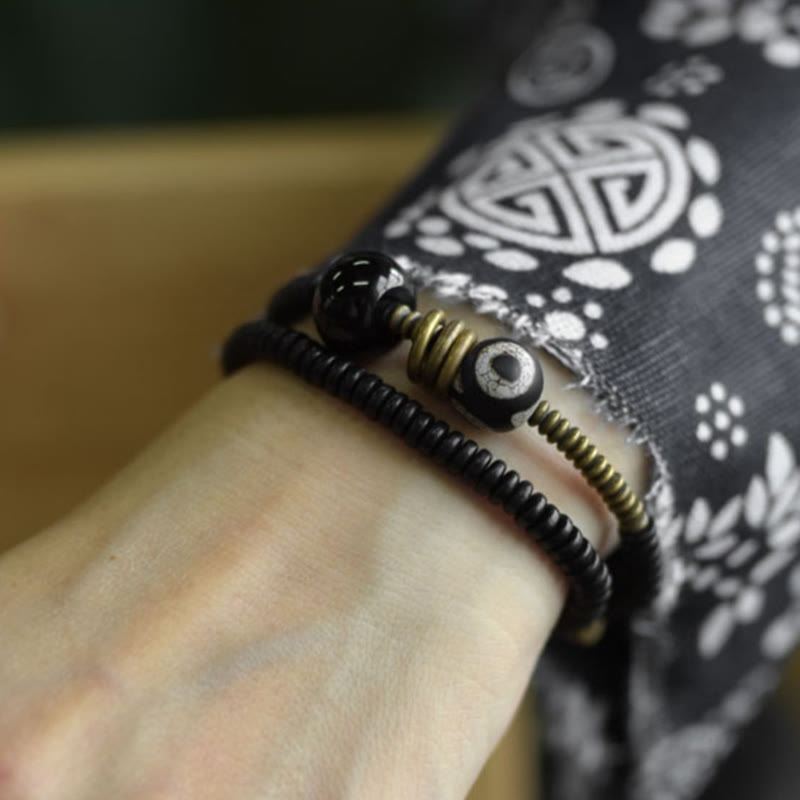 KarmaRipple's Ebony Wood Green Sandalwood Bronze Brass Dzi Bead Black Onyx Calm Double Wrap Bracelet p13
