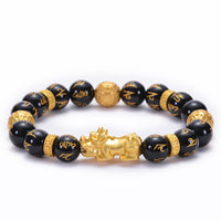 KarmaRipple's Black Obsidian Black Onyx Alloy PiXiu Om Mani Padme Hum Strength Bracelet