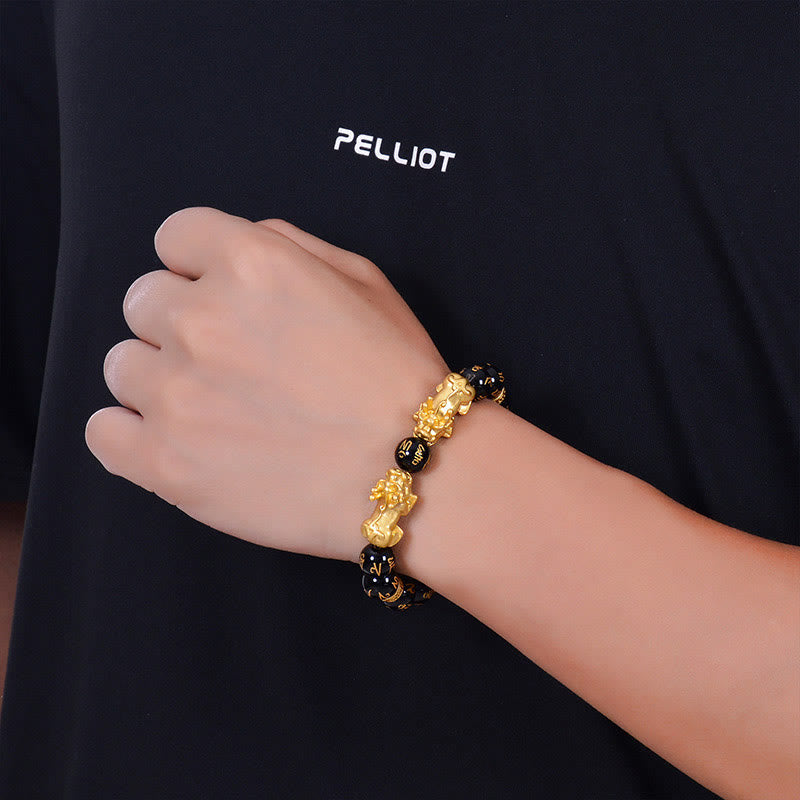 KarmaRipple's Black Obsidian Black Onyx Golden Alloy Two PiXiu Om Mani Padme Hum Strength Bracelet p5